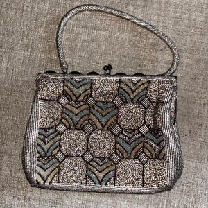 Mid Century Vintage Beaded Evening Art Deco Revival Clutch Silver Gold Blue